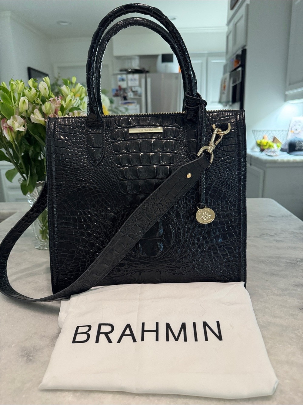 Brahmin Black Croc-Embossed Leather Satchel with Shoulder Strap